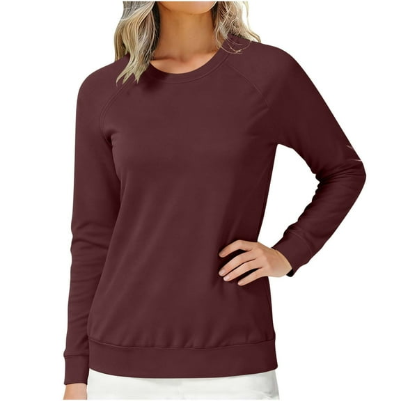 Htigea Womens Crew Neck Sweatshirts Casual Long Sleeve Raglan Tops Solid Color Basic Pullover Fall Fashion Outfits Wine S
