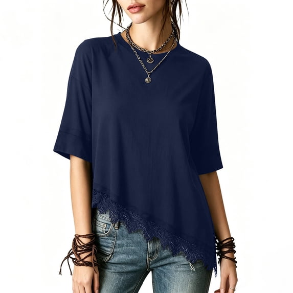 Htigea Womens Crew Neck T-Shirt Lace Asymmetrical Hem Tops Half Sleeve Solid Color Casual Loose Fit Tees Navy M