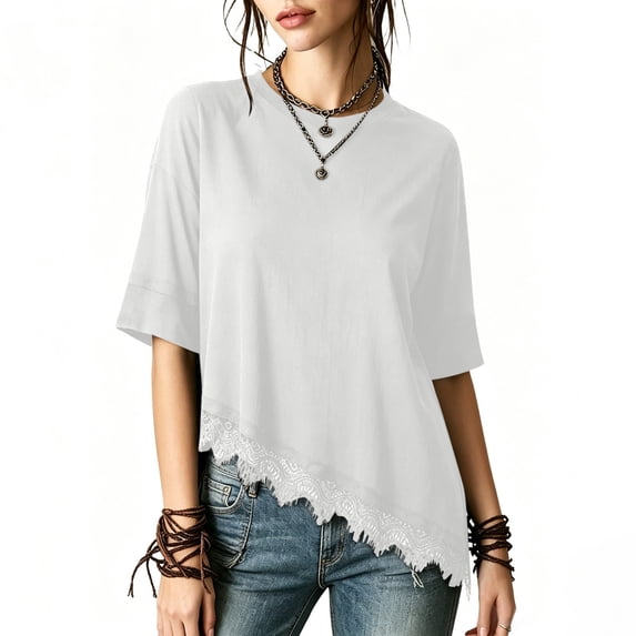 Htigea Womens Crew Neck T-Shirt Lace Asymmetrical Hem Tops Half Sleeve Solid Color Casual Loose Fit Tees White M
