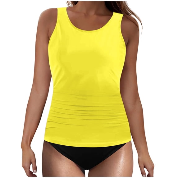Htigea Womens Crew Neck Tankini Tops & Bikini Bottoms 2 Piece Solid Color Sleeveless Swimsuit Tummy Control Swimming Sets Modest Bathing Suits Yellow,M