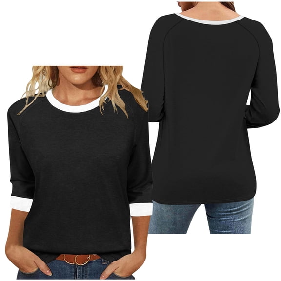 Htigea Womens Crew Neck Tops 3/4 Raglan Sleeve T-Shirts Soft Comfy Tunics Trendy Color Block Pullover Tees Black S