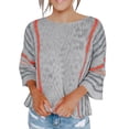 thumbnail image 1 of Htigea Womens Crewneck 3/4 Sleeve Sweaters Knitted Striped Pullover Tops Lightweight Soft Comfy Short Sweater Gray S, 1 of 6