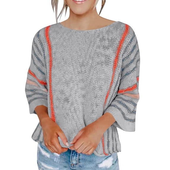 Htigea Womens Crewneck 3/4 Sleeve Sweaters Knitted Striped Pullover Tops Lightweight Soft Comfy Short Sweater Gray S