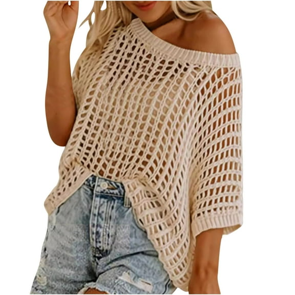 Htigea Womens Crewneck Shirts Hollow Out Crochet Coverups Casual Loose Fit Knitwear Solid Color Cap Sleeve Vacation Tops Beige L