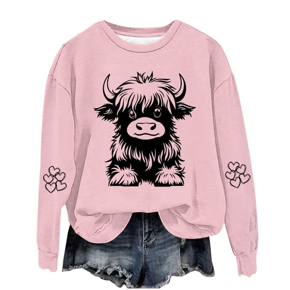 Htigea Womens Crewneck Sweatshirts Cute Cow Print Long Sleeve Pullover Casual Comfy Fall Winter Tops 2026 Clothes Pink XXXXXL