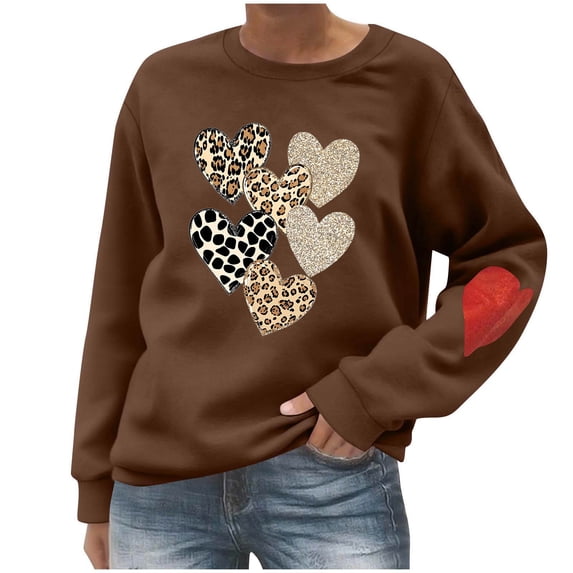Htigea Womens Crewneck Sweatshirts Cute Heart Graphic Long Sleeve Pullover Tops Casual Loose Fit Shirts Fall Winter Clothes Brown XL