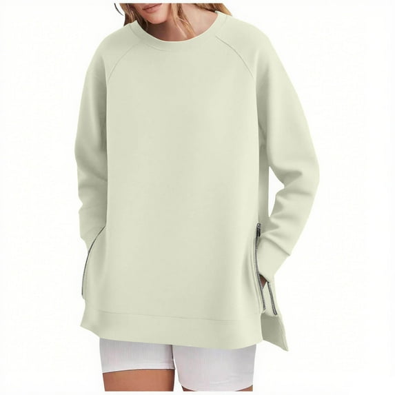 Htigea Womens Crewneck Sweatshirts Long Sleeve Top Casual Side Zipper Split Pullover Solid Color Basic Sweatshirt Gray XL