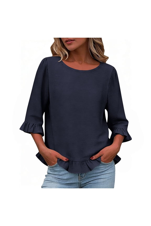Womens Crewneck Tee 3/4 Ruffle Sleeve T Shirts Solid Casual Loose Fit Pullover Tops for Daily & Vacation Navy L