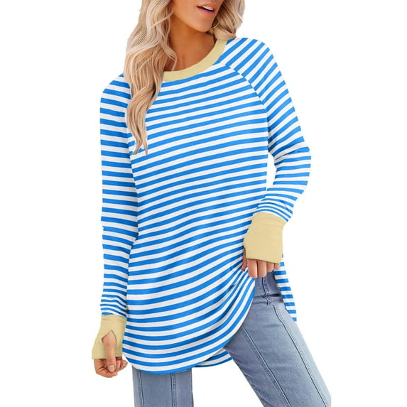 Htigea Womens Crewneck Tunic Shirts Striped Color Block Long Sleeve Pullover Casual Loose Fit Tops Light Blue L