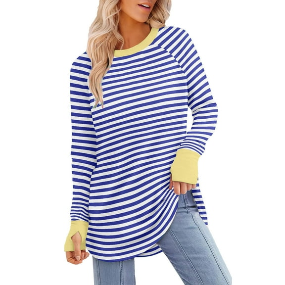 Htigea Womens Crewneck Tunic Shirts Striped Color Block Long Sleeve Pullover Casual Loose Fit Tops Sky Blue 2XL