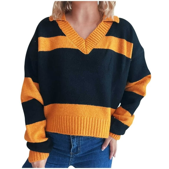 Htigea Womens Crop Sweaters Color Block V Neck Pullover Y2k Tops Knit Long Sleeve Lapel Sweater for Going Out Orange S