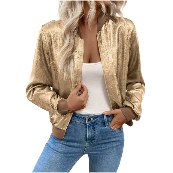 Htigea Womens Cropped Bomber Jackets Lightweight Long Sleeve Zip UP Jacket Y2k Tops Trendy Party Outerwear Gold L