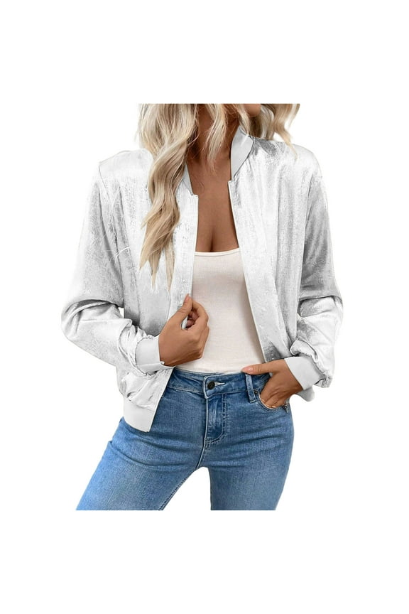 Womens Cropped Bomber Jackets Lightweight Long Sleeve Zip UP Jacket Y2k Tops Trendy Party Outerwear White XL