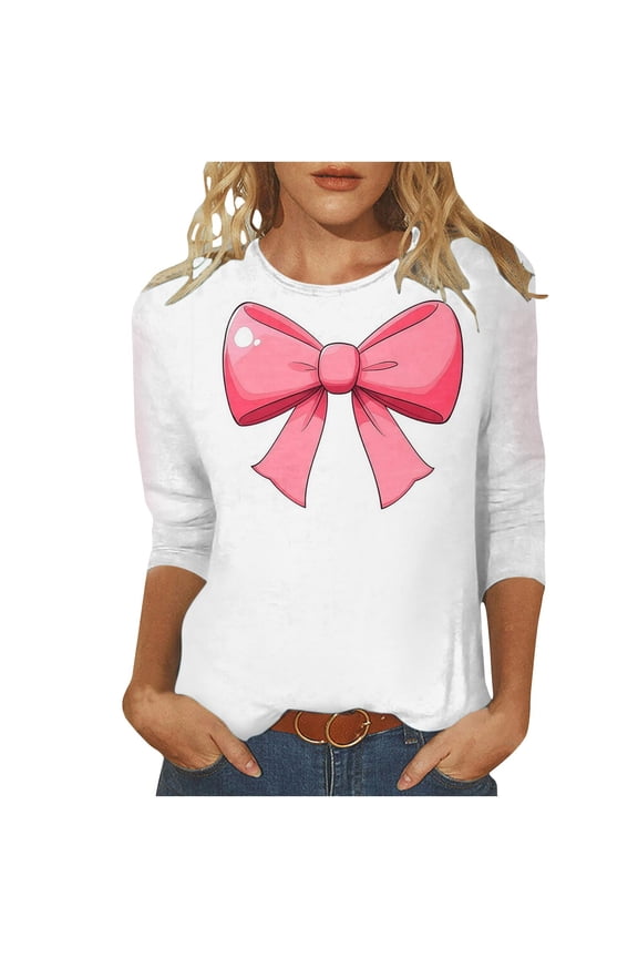 Womens Cute 3/4 Sleeve Tee Shirt Crewneck Bow Print Tops Plus Size Casual Loose Pullover Tops Valentines Day Gift for Her 01#White,XL