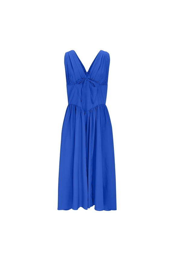 Womens Deep V Neck Dress Summer Sleeveless Pleated Open Back A-line Dresses Solid Color Casual Loose Fit Dress Blue,2XL