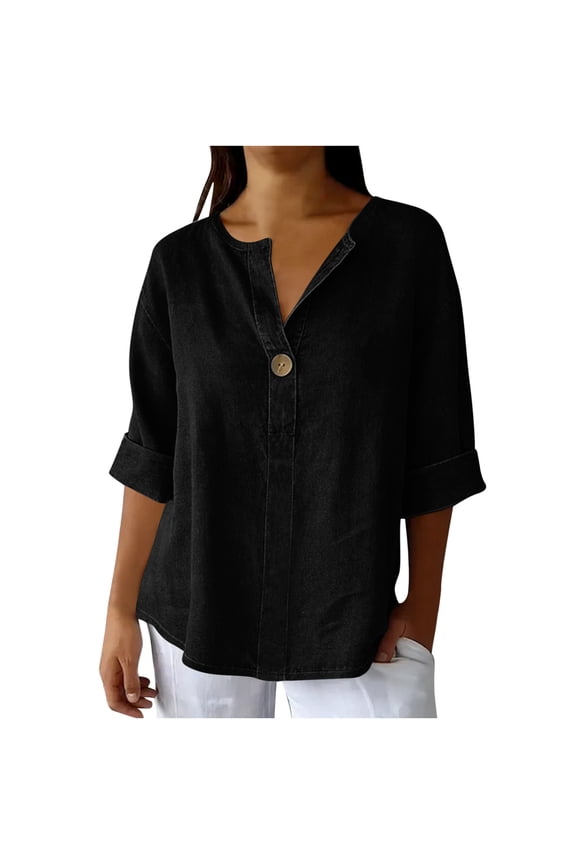 Womens Denim Half Sleeve Shirts V-Neck Buttons Tunic Tops Blouses Casual Loose Fit Pullover Tees Black S