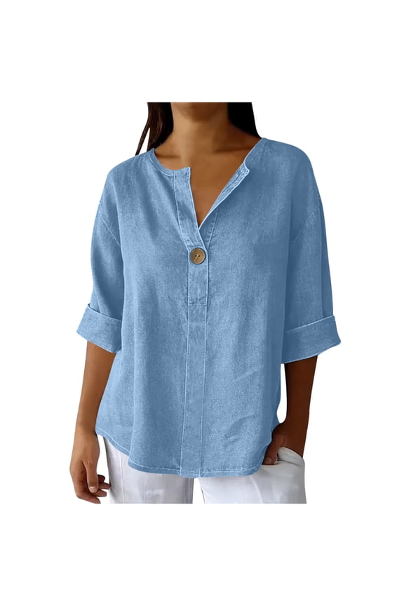 Womens Denim Half Sleeve Shirts V-Neck Buttons Tunic Tops Blouses Casual Loose Fit Pullover Tees Light Blue XL