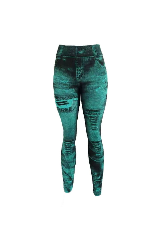 Womens Denim Print Leggings Stretchy High Waisted Yoga Pants Slim Gym Workout Trousers Fake Jean Tights for All Seasons Time Limited Sale ZA Green,XXL