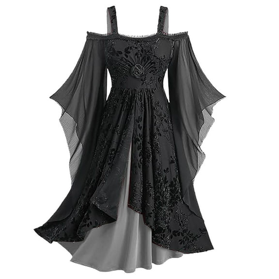 Htigea Womens Dresses Lace Batwing Sleeve Off the Shoulder Dress Steampunk Gothic Dress Gray S