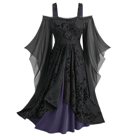 Htigea Womens Dresses Lace Batwing Sleeve Off the Shoulder Dress Steampunk Gothic Dress Purple XL