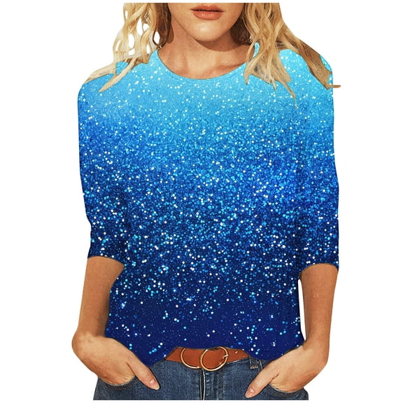 Htigea Womens Dressy 3/4 Sleeve Shirts Summer Crewneck Tees Trendy Gradient Print Three Quarter Sleeves Ladies Holiday Party Tshirt Top Dark Blue,L