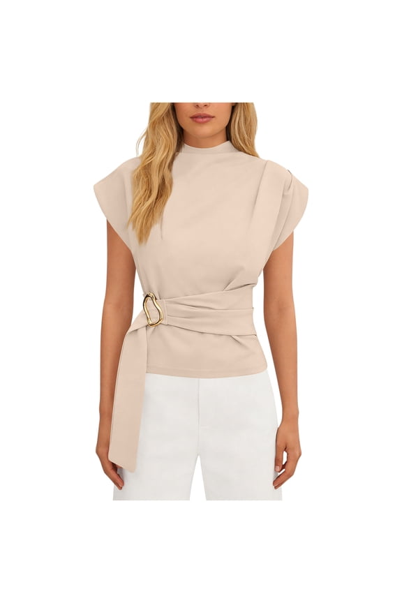 Womens Dressy Work Blouse Elegant Wrap V Neck Cap Sleeve Tops Trendy Office Business Shirts Summer T-Shirt Khaki XL