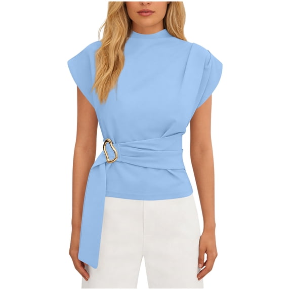 Htigea Womens Dressy Work Blouse Elegant Wrap V Neck Cap Sleeve Tops Trendy Office Business Shirts Summer T-Shirt Light Blue XXL