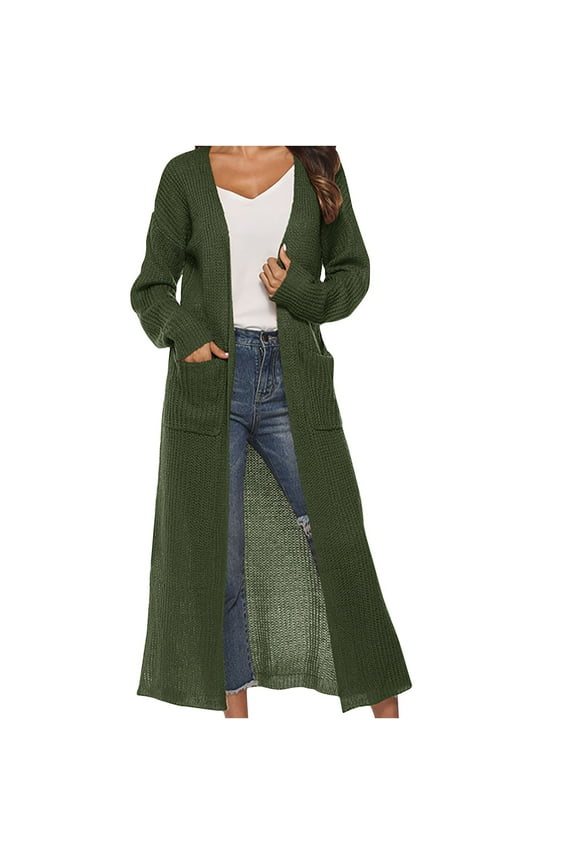 Womens Duster Cardigans Sweater Knit Long Sleeve Cardigan with Pockets Fall Open Front Maxi Sweater Army Green 2XL