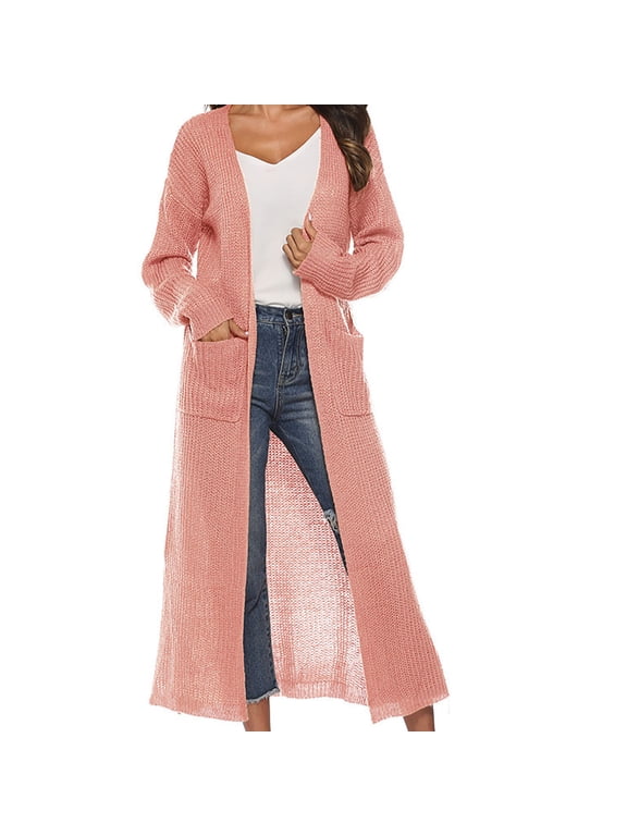 Womens Duster Cardigans Sweater Knit Long Sleeve Cardigan with Pockets Fall Open Front Maxi Sweater Pink L