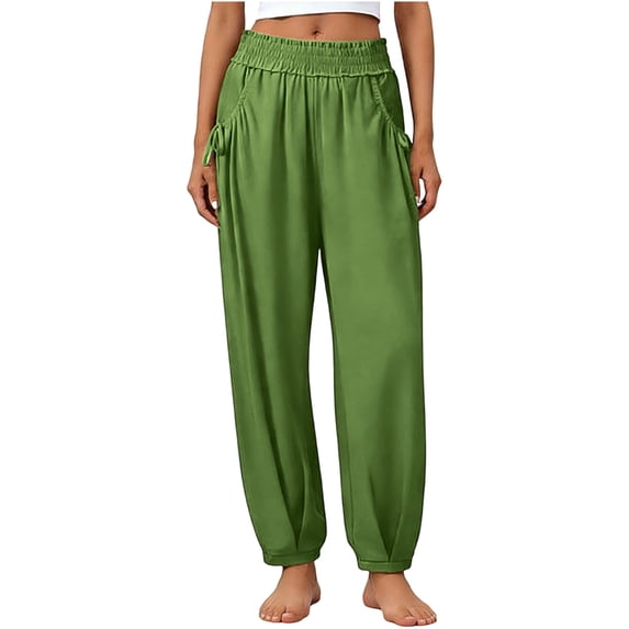 Htigea Womens Elastic Waisted Pants Summer Lightweight Slacks Solid Color Loose Breathable Casual Pants with Pockets Green XXXL