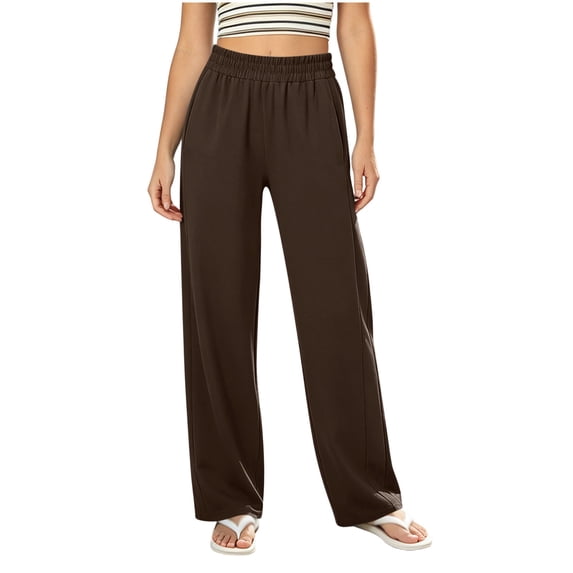 Htigea Womens Everyday Pants Elastic Waisted Straight Leg Pant Solid Color Boyfriend Long Pant with Pockets Brown XL