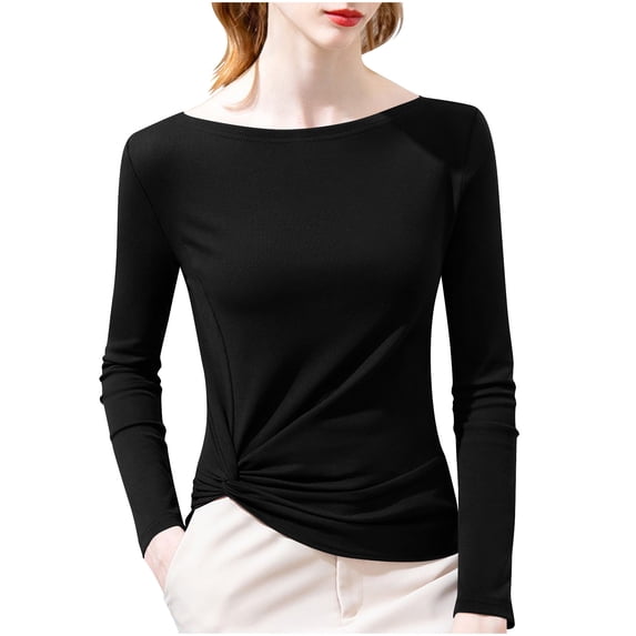 Htigea Womens Fall Long Sleeve Tops | Knot Ruched, Boat Neck, Slim, Work Office Wear, Everyday Base Layer Shirts Black L