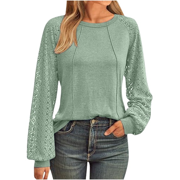 Htigea Womens Fall Shirts Lace Hollow Out Long Sleeve Crew Neck Tops Loose Tunic Tees Stylish Going Out Blouses Green 2XL