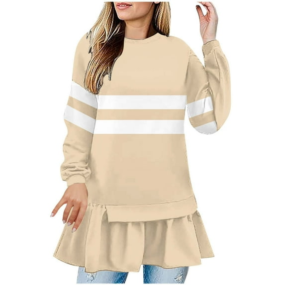 Htigea Womens Fall Shirts Striped Long Sleeve Tunic Tops Trendy Ruffle Hem Dress T-Shirts Casual Loose Fit Tee Beige S