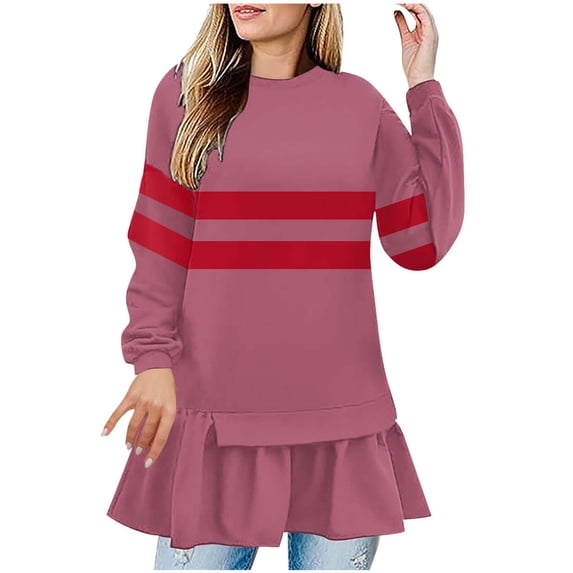 Htigea Womens Fall Shirts Striped Long Sleeve Tunic Tops Trendy Ruffle Hem Dress T-Shirts Casual Loose Fit Tee Hot Pink M