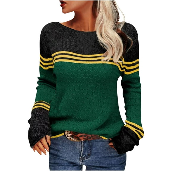 Htigea Womens Fall Sweaters Trendy Patchwork Pullover Tops Lightweight Crew Neck Long Sleeve Knit Jumpers Army Green XXL