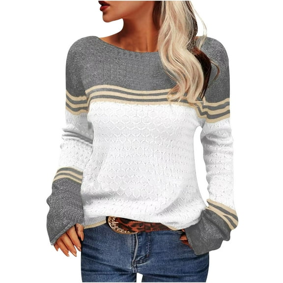 Htigea Womens Fall Sweaters Trendy Patchwork Pullover Tops Lightweight Crew Neck Long Sleeve Knit Jumpers White M