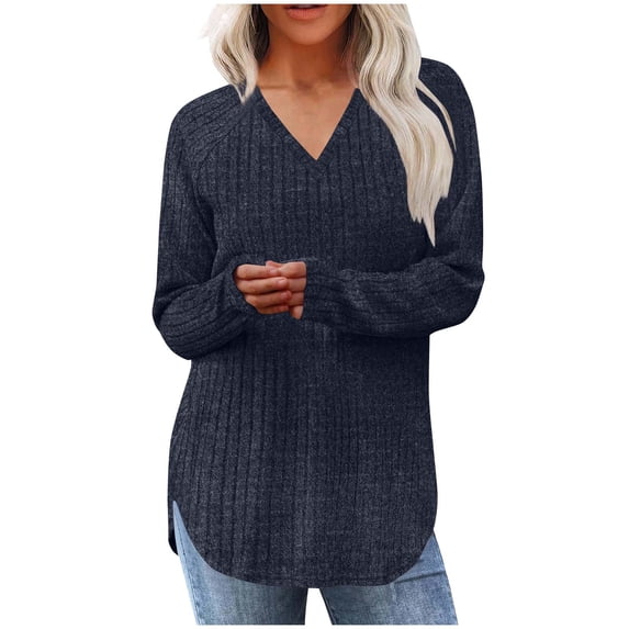 Htigea Womens Fall Tops Ribbed Knit Long Sleeve V Neck Pullover Soft Casual Curved Hem Shirts Dark Blue L