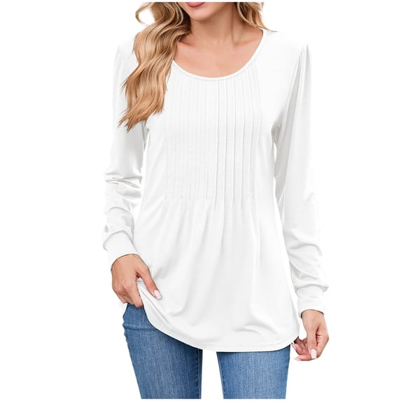 Htigea Womens Fall Tunic Tops Pleated Crew Neck Tee Casual Dressy Long Sleeve Blouse Shirts White L