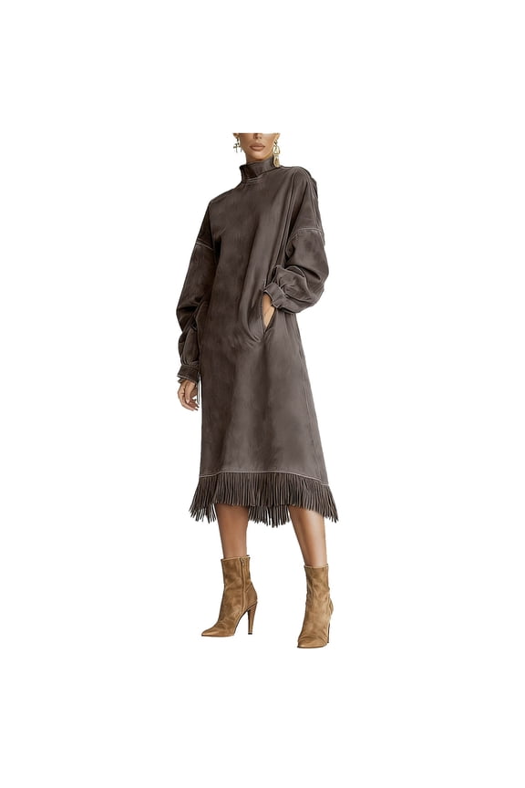 Womens Faux Suede Midi Dress with Pockets Vintage Mock Neck Long Sleeve Fringe Dresses Spring Casual Trendy Party Dress Coffee XL