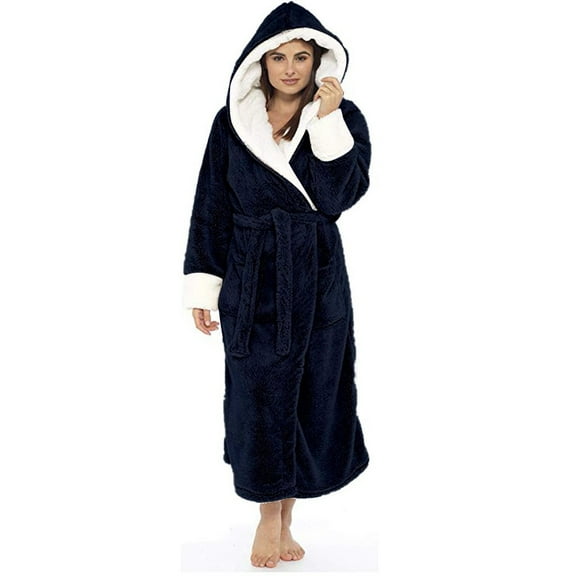 Htigea Womens Fleece Hooded Bathrobe Soft Plush Nightgown Long Robe Sleepwear with Side Pockets and Belt Navy,L