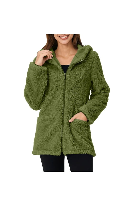 Womens Fleece Hoodies Jacket Full Zip Up Hooded Coats Soft Cozy Everyday Jackets Lightweight Winter Outerwear with Pockets Army Green L