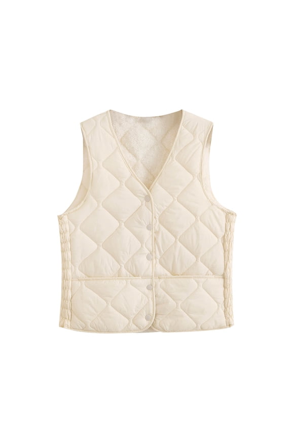 Womens Fleece Lined Vest Sleeveless Quilted Jackets Lightweight Winter Warm Vests with Pockets Beige S
