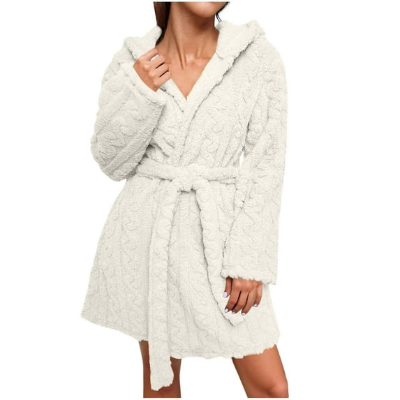 Htigea Womens Fleece Robes Long Sleeve Hooded Bathrobe Comfy Nightgown Soft Warm Winter Shower Robe Loungewear Beige,S