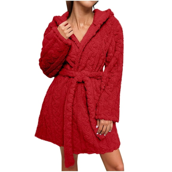 Htigea Womens Fleece Robes Long Sleeve Hooded Bathrobe Comfy Nightgown Soft Warm Winter Shower Robe Loungewear Red,XXL