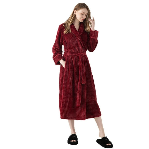 Htigea Womens Fleece Robes Soft Comfy Long Bathrobe Spa Shower Wrap Robe for Ladies Belted Warm Housecoat with Pocket Wine,M