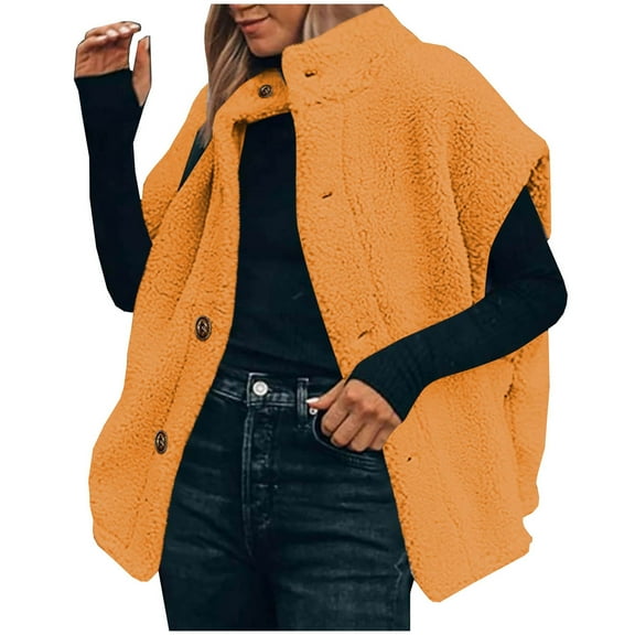 Htigea Womens Fleece Vest Casual Sleeveless Jackets Sherpa Button Down Stand Collar Coats with Pockets Orange M