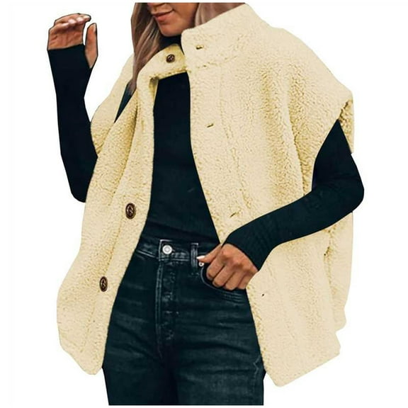 Htigea Womens Fleece Vest Casual Sleeveless Jackets Sherpa Button Down Stand Collar Coats with Pockets White S