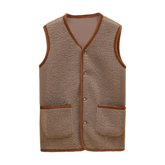Htigea Womens Fleece Vest Fall Winter Warm Lightweight Gilet Collarless Button Down Sleeveless Jacket with Pockets Coffee XXXL