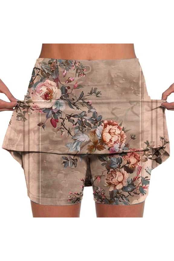 Womens Flower Print Tennis Skorts Plus Size Workout Athletic Skort Summer Skirts Lightweight Badminton Skirt with Built in Shorts Khaki 5XL